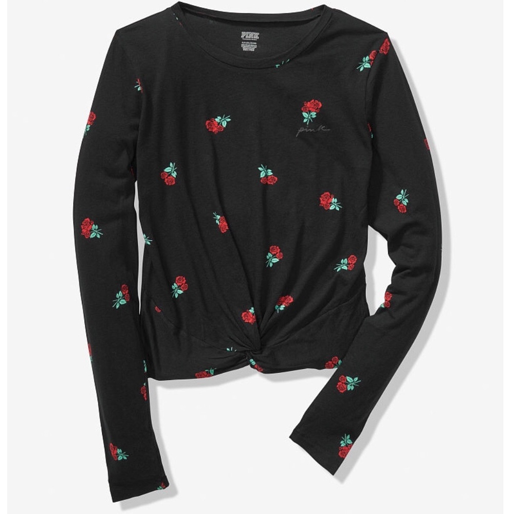 NWT VS Pink Black Long Sleeve Roses Print Top